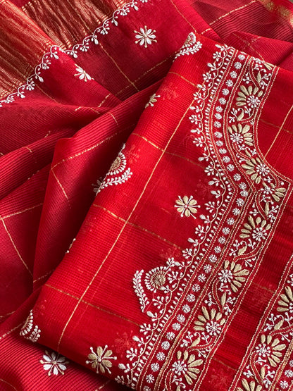 Red Shade Tissue Zari Kota Chikankari Unstitched Fabric