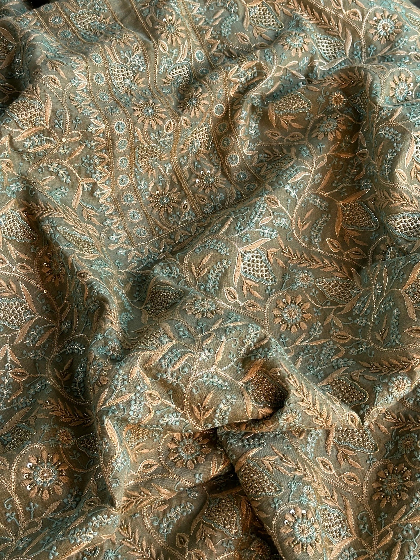 Cement Green Multi Shade Tissue Silk Chikankari Unstitched Fabric