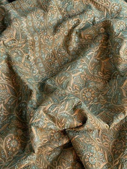 Cement Green Multi Shade Tissue Silk Chikankari Unstitched Fabric