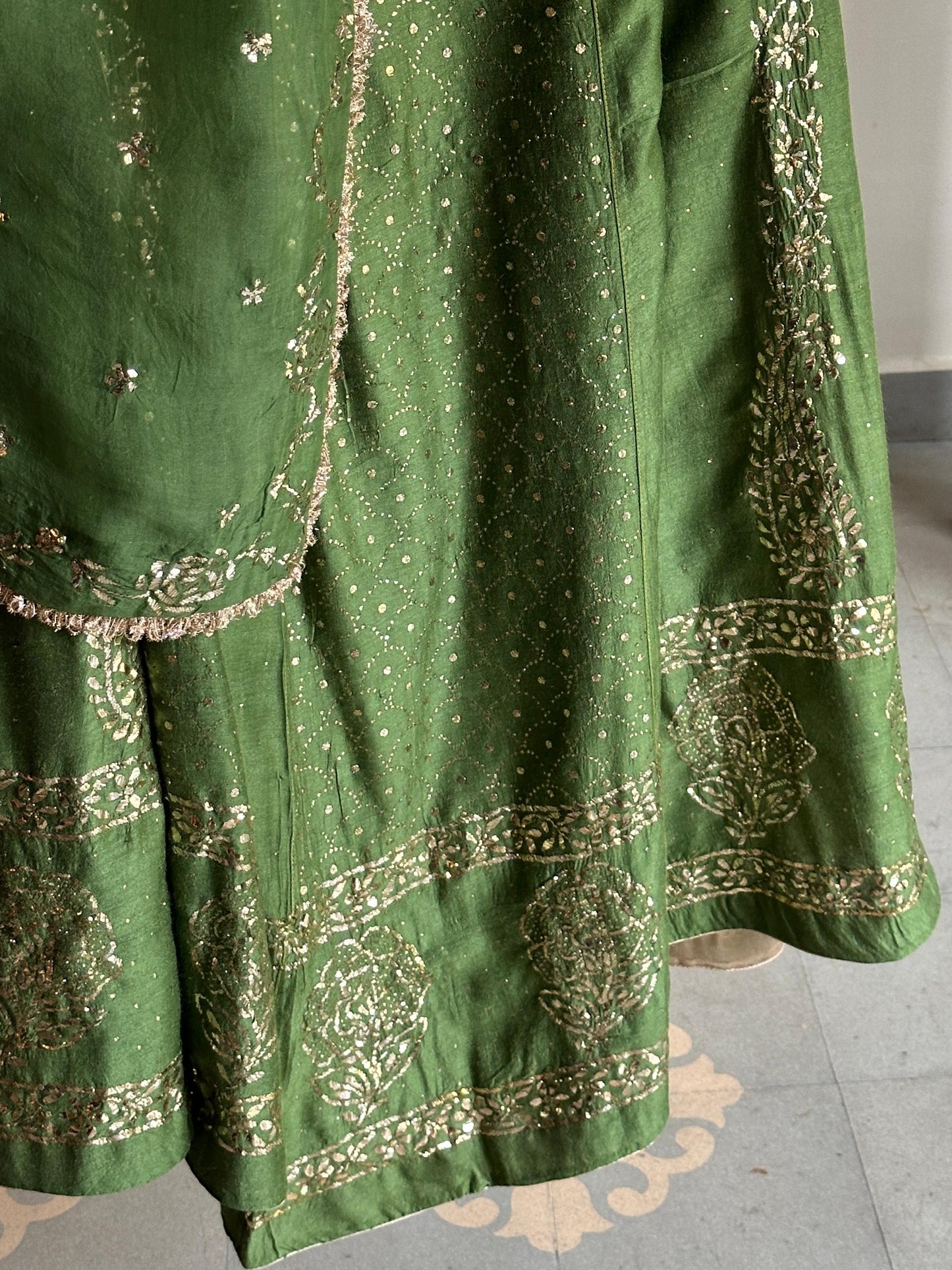 Green Moonga Silk Mukaish Badla Lehenga Set