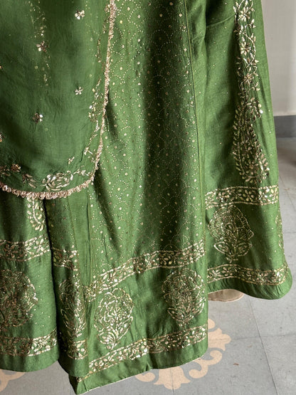 Green Moonga Silk Mukaish Badla Lehenga Set