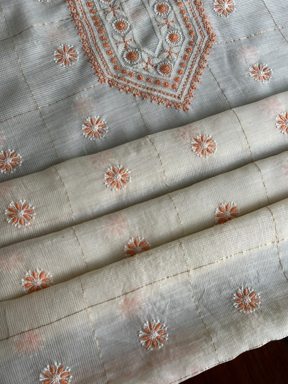 Cream Shade Tissue Zari Kota Chikankari Unstitched Fabric