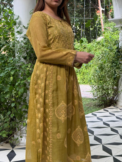 Fern Green Tissue Silk Chikankari Kalidar Kurta Dupatta Set