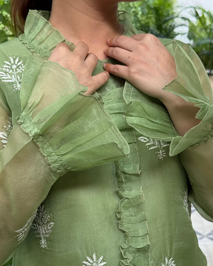 Pista Green Noor Organza Frill Lace With Resham Chikankari Short Top