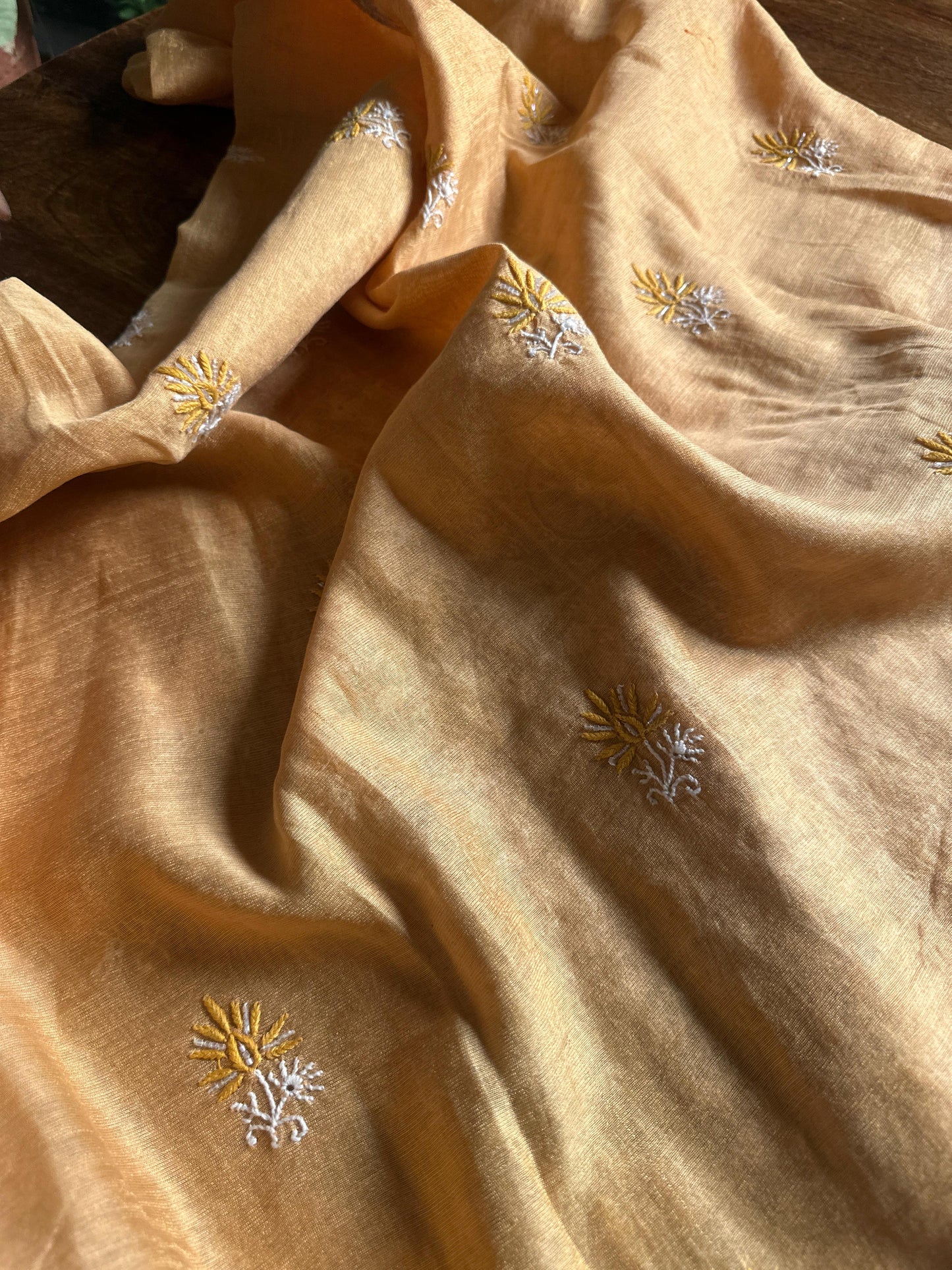 Yellow Tissue Silk Chikankari Unstitched Fabrics