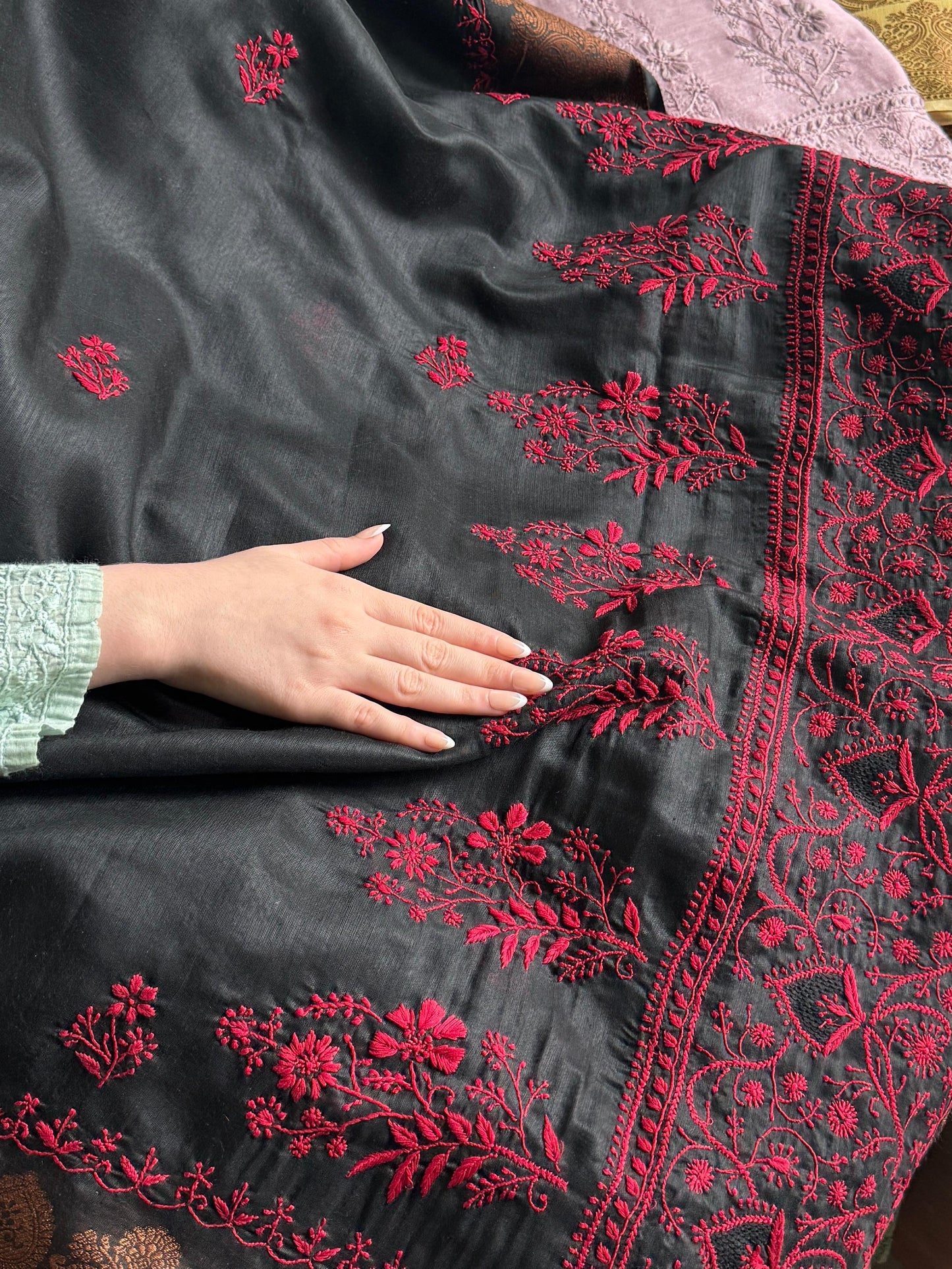 Black & Red Chanderi Saree with Chikankari Embroidery & Banarasi Zari Border