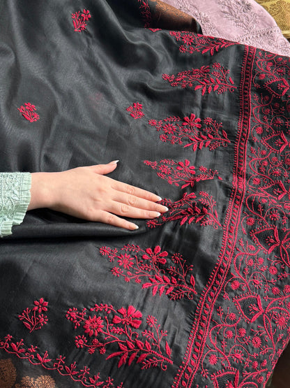 Black & Red Chanderi Saree with Chikankari Embroidery & Banarasi Zari Border