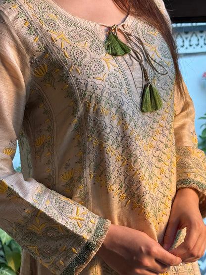 Basak Natural Tussar Silk Kalidar Chikankari Kurta Set