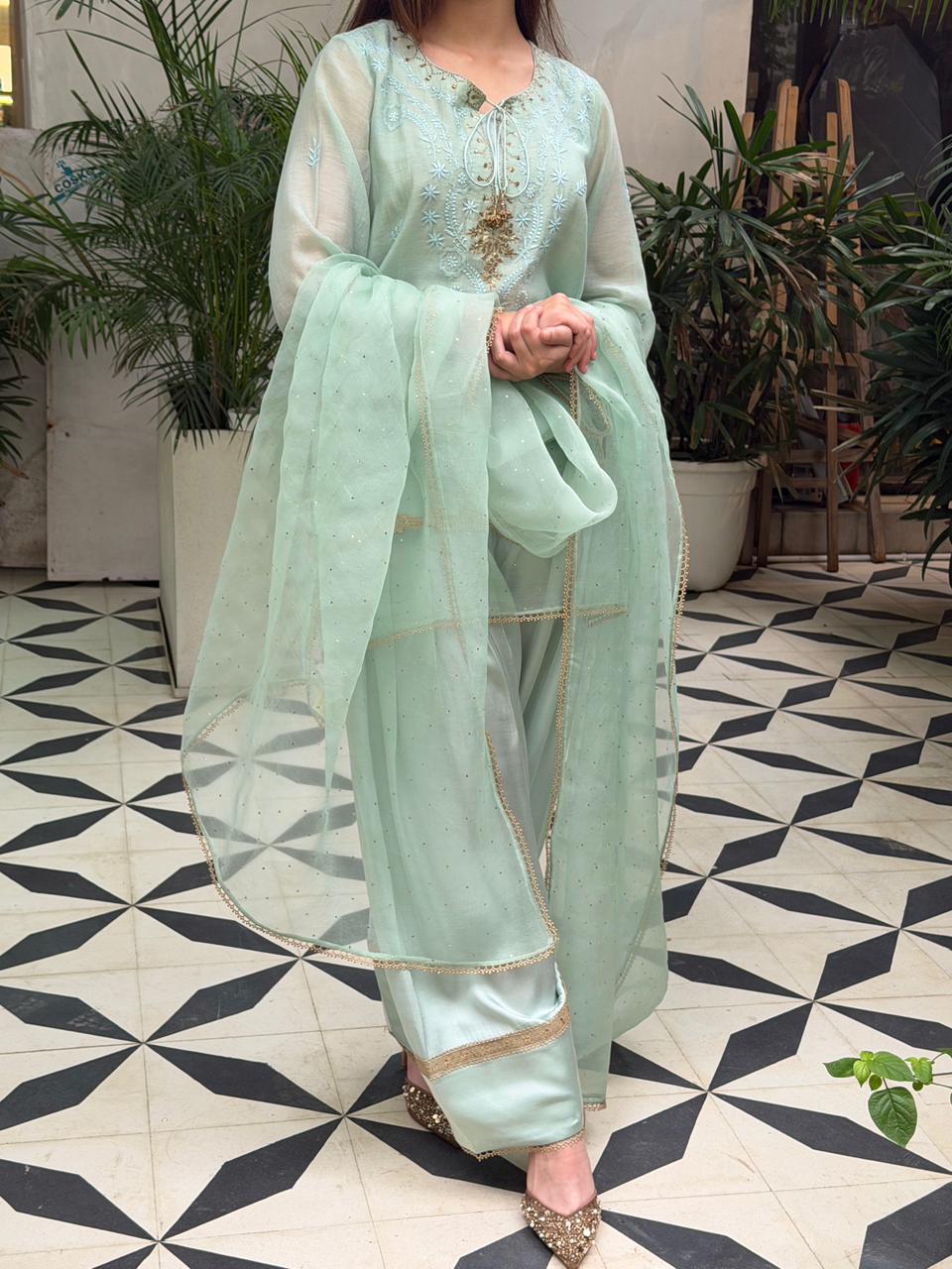Satin Linen Farshi Sets With Chikankari & Kamdani