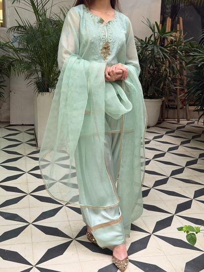 Satin Linen Farshi Sets With Chikankari & Kamdani