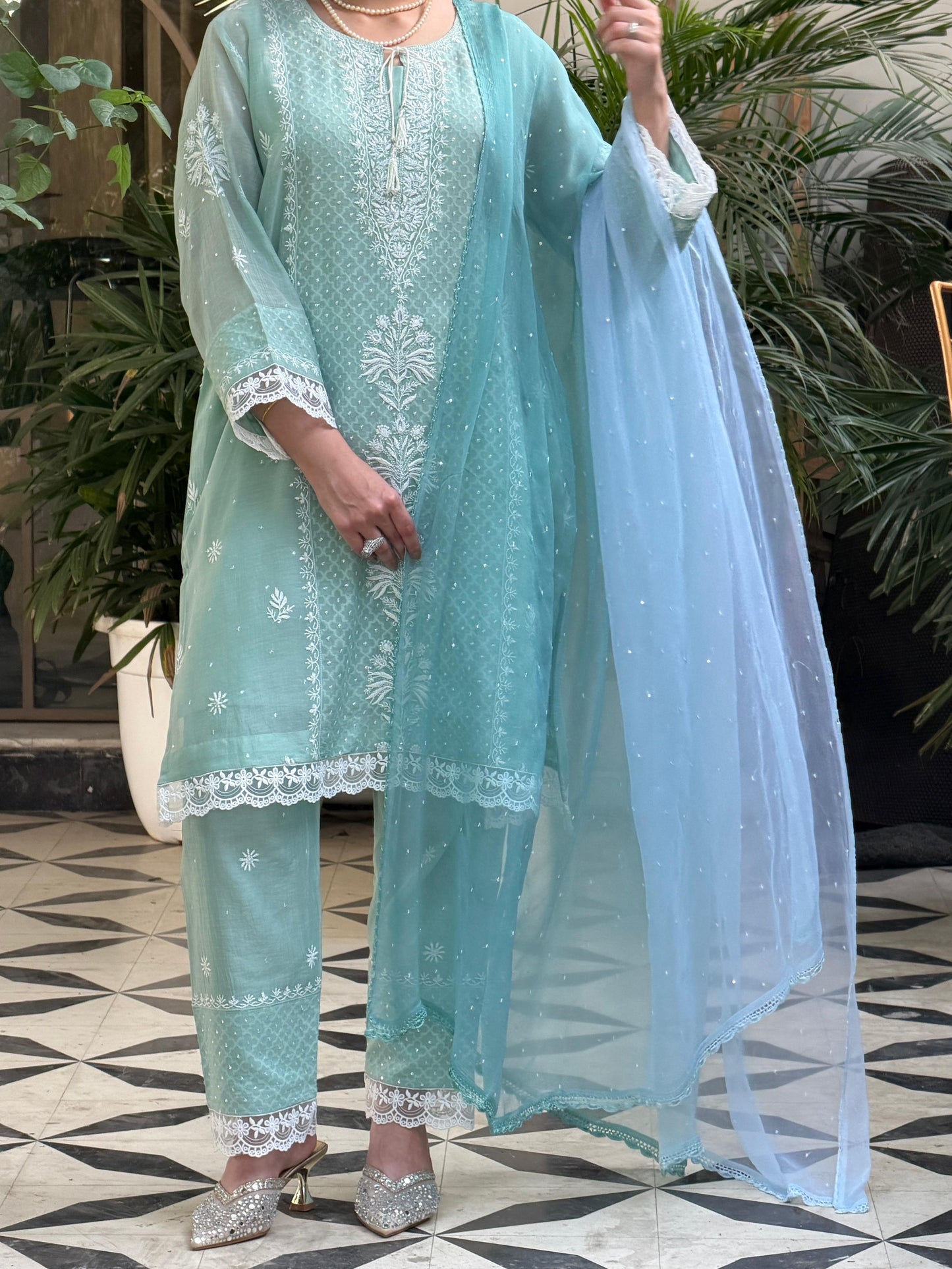 Sea green Jacquard Loose Cut Chikankari Co-Ord Set