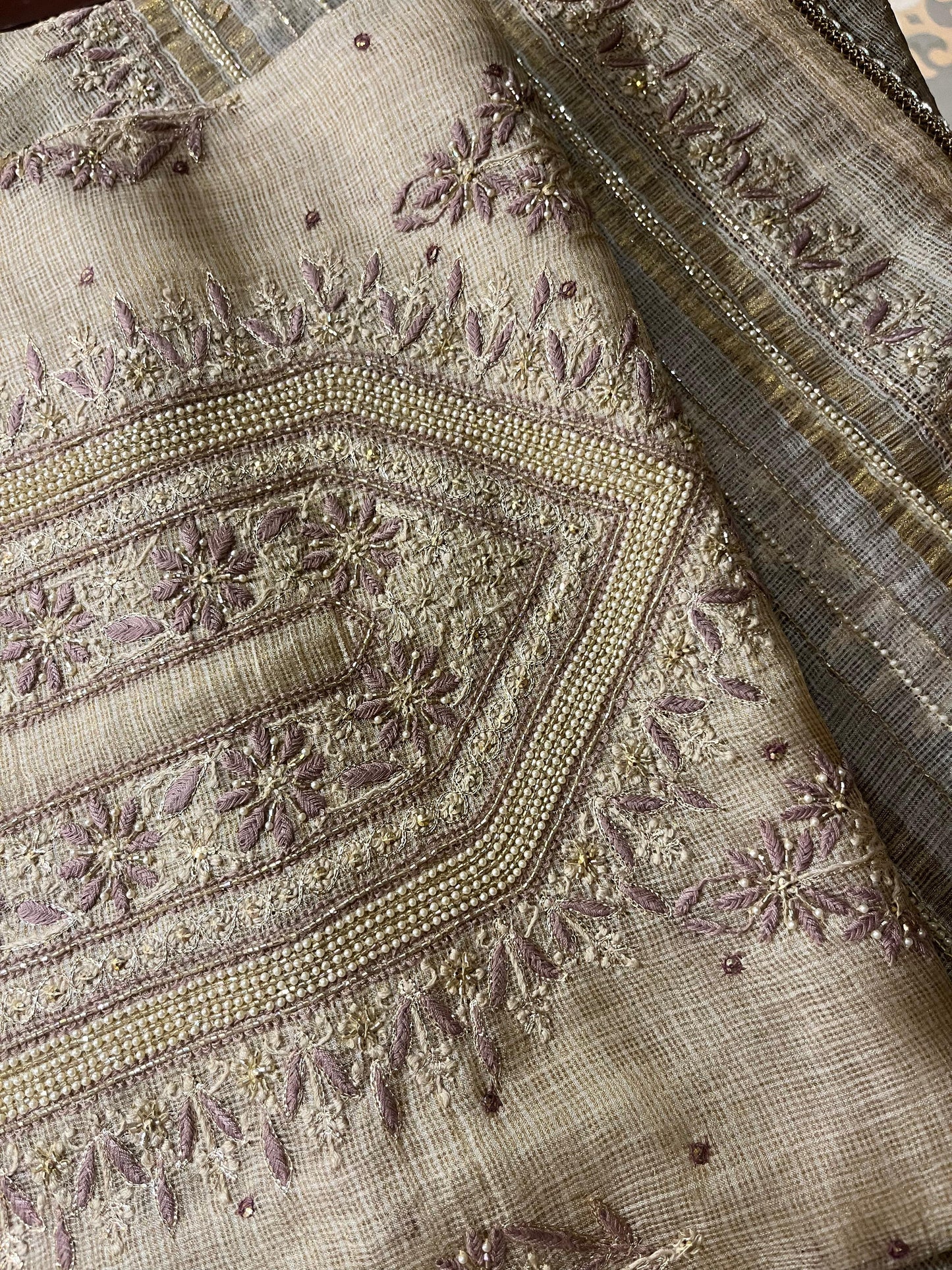 Beige Mauve Tissue Kota Chikankari Unstitched Fabric