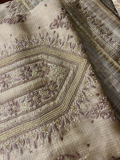 Beige Mauve Tissue Kota Chikankari Unstitched Fabric