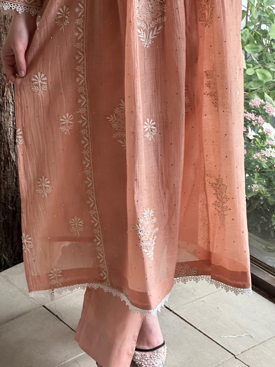 Peach Shade Malmal Mukaish Kamdani Kurta Set