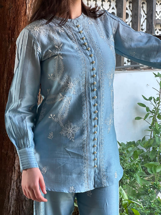 Powder Blue Chanderi Chikankari Co-Ord Set