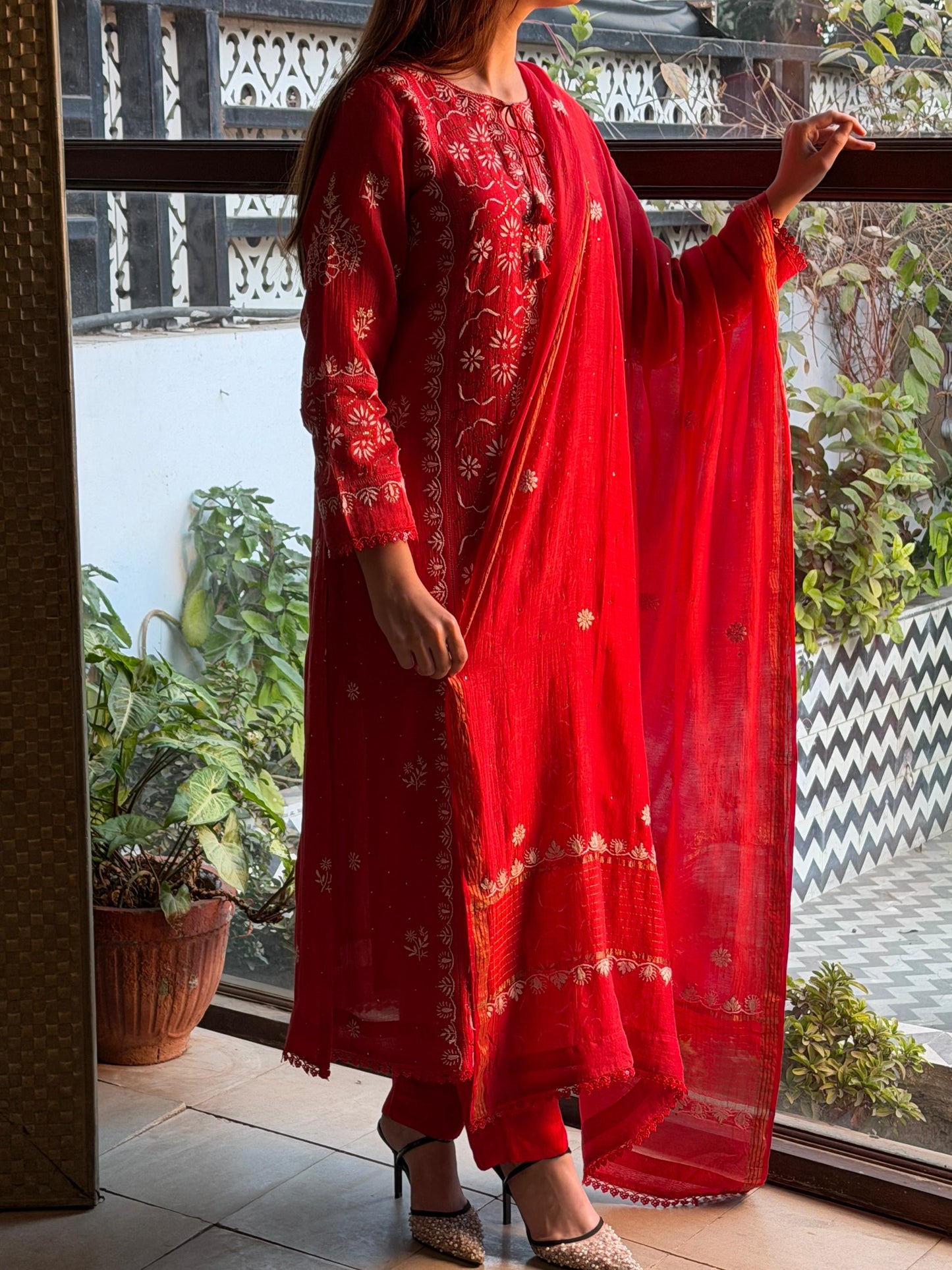 Red Mul Chanderi Mukaish Kamdani Chikankari Stitched Kurta Dupatta Set