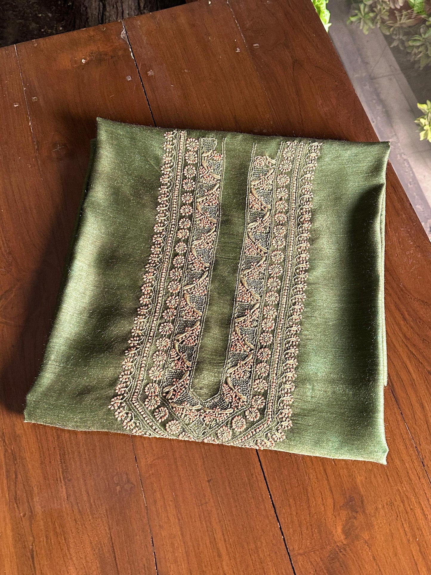 Olive Green Moonga Silk Chikankari Men’s Kurta Fabric