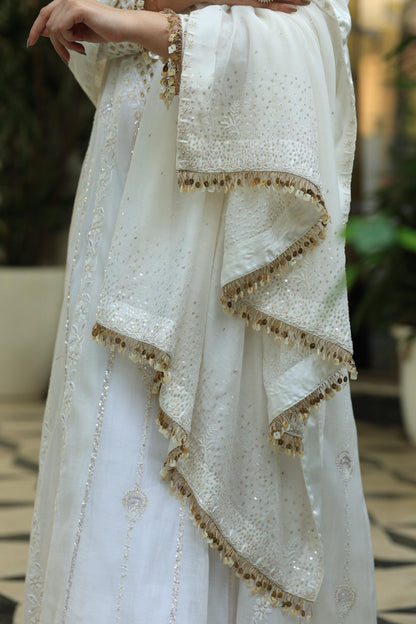 White Malmal Pearl Work Chikankari A Line Kalidar Kurta With Dupatta