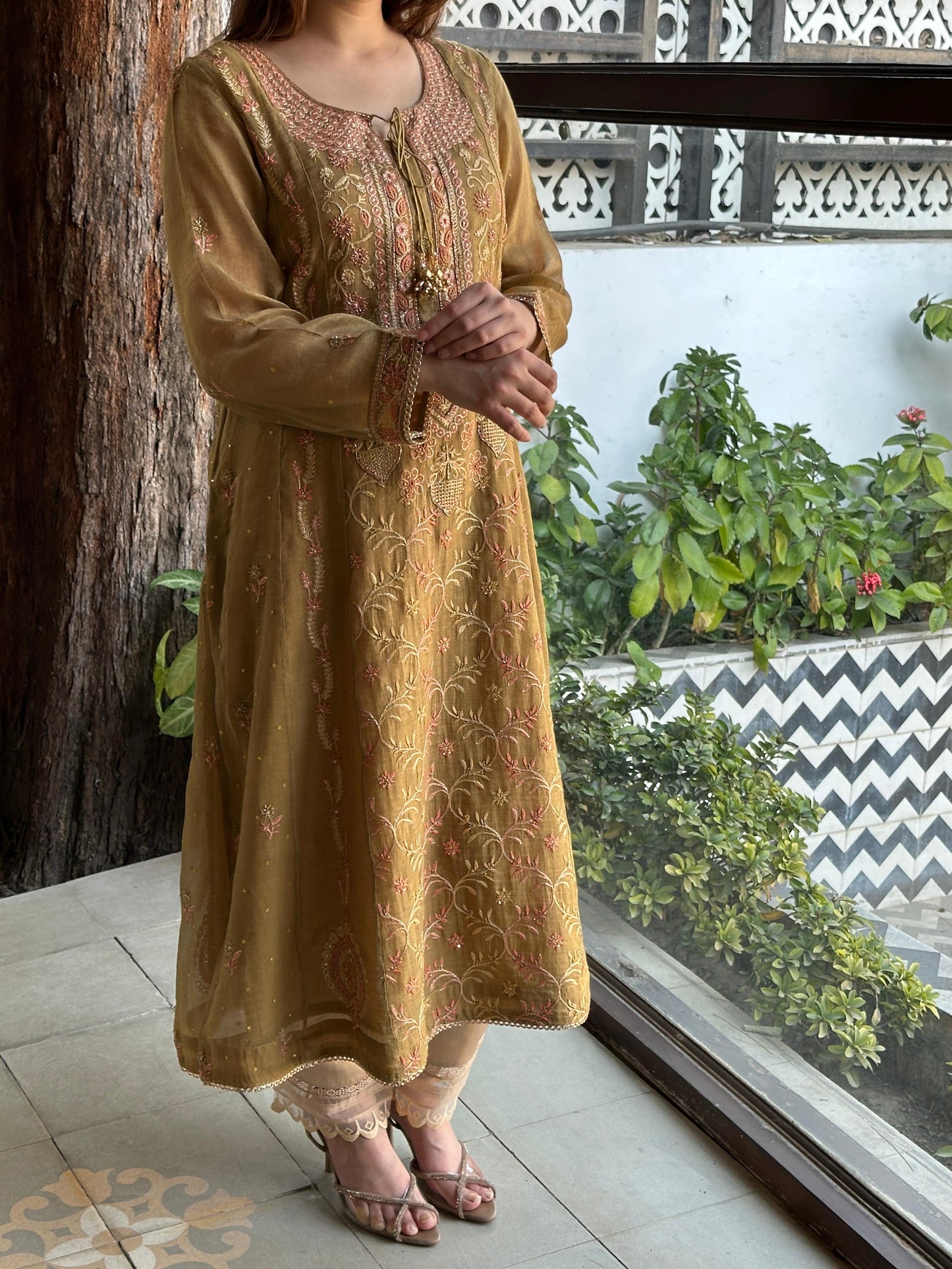 Mustard Shade Tissue Silk Chikankari Anarkali With Ari Work