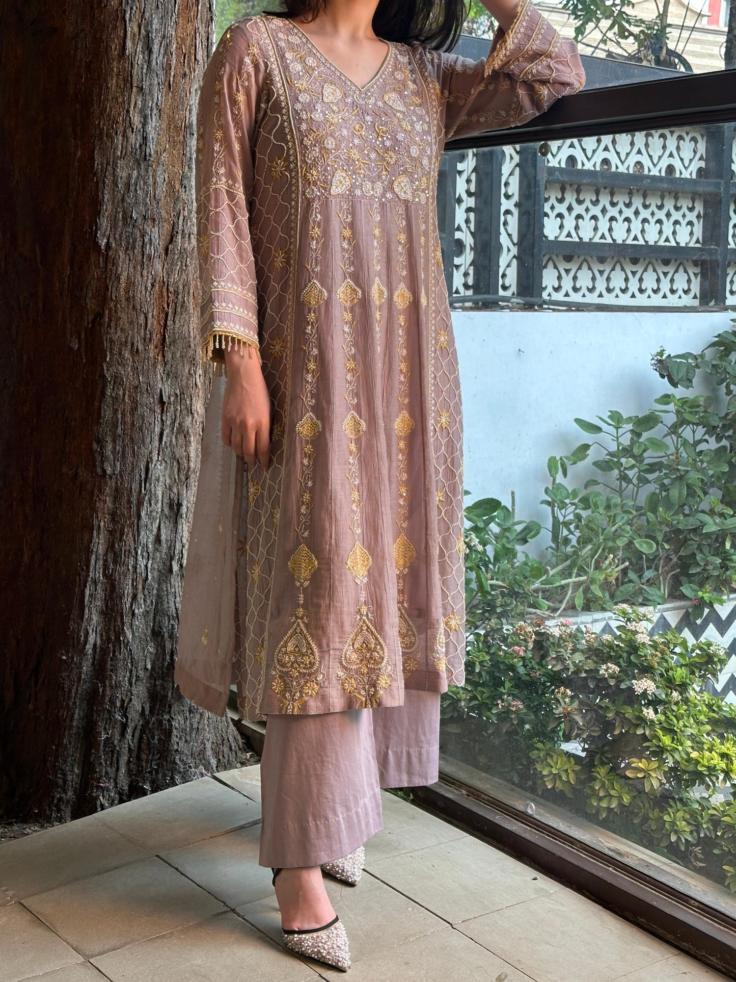 Mauve Shade Malmal Pearl Work Chikankari Kalidar Kurta Set