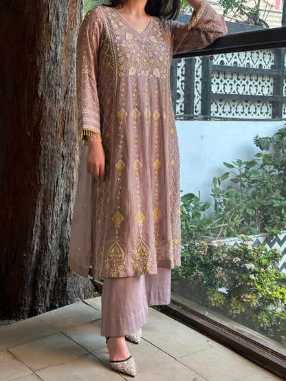 Mauve Shade Malmal Pearl Work Chikankari Kalidar Kurta Set