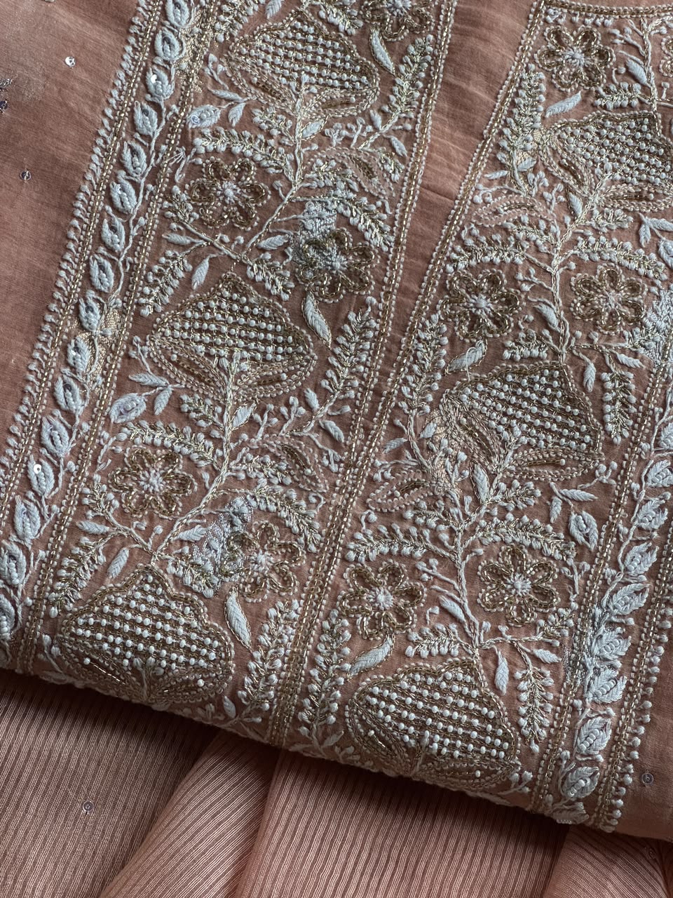 Almond Peach Shade Banarasi Zari Chanderi Unstitched Chikankari Fabric