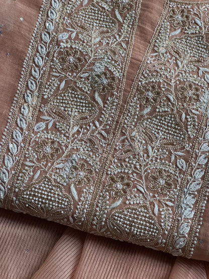 Almond Peach Shade Banarasi Zari Chanderi Unstitched Chikankari Fabric