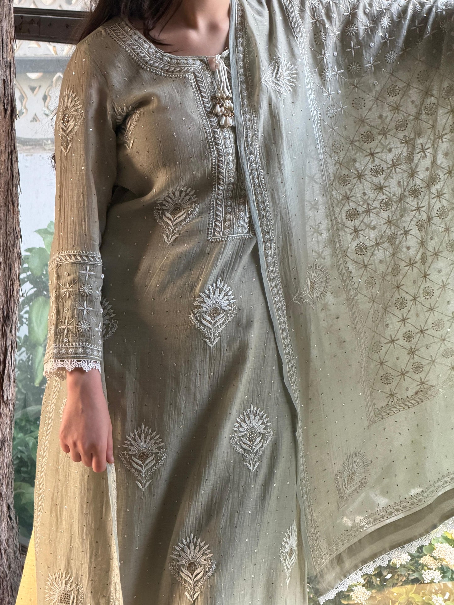Grey Green Mulmul Pearl White Chikankari Kurta With Heavy Dupatta