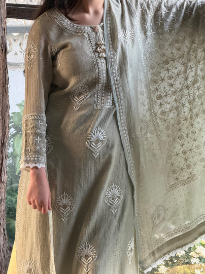Grey Green Mulmul Pearl White Chikankari Kurta With Heavy Dupatta