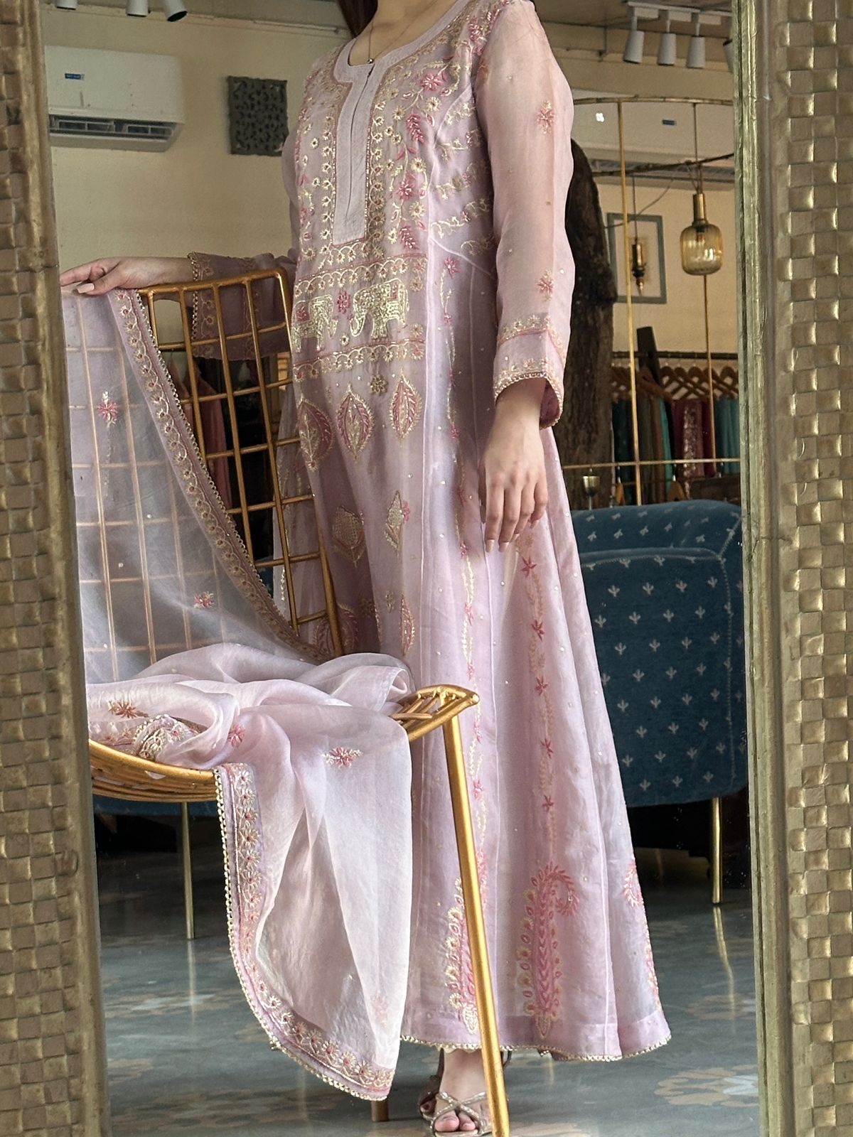 Mauve Pink Shade Noor Organza Chikankari A Line Kurta With Dupatta