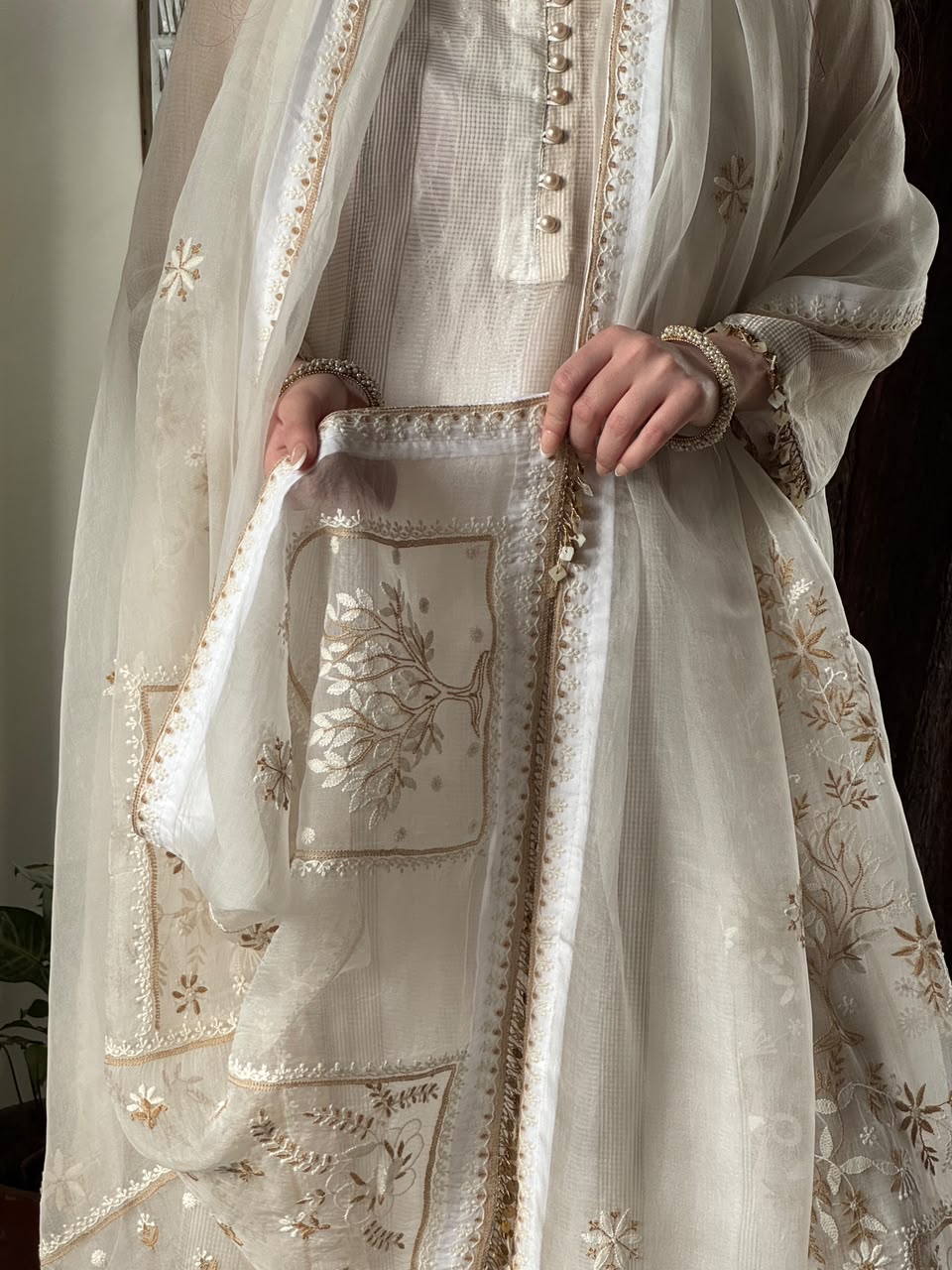 Ivory Kota Pattu Chikankari Suit Set with Organza Dupatta & Pearl Loop Buttons