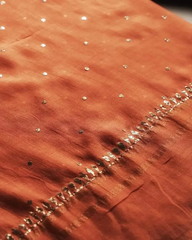 Orange Chanderi Silk Mukaish Badla Unstitched Fabrics