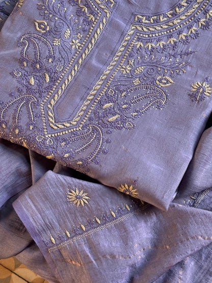 Purple Shade Jamdani X Chikankari Unstitched Fabric