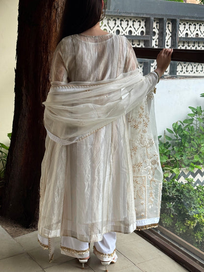 Ivory Kota Pattu Chikankari Suit Set with Organza Dupatta & Pearl Loop Buttons