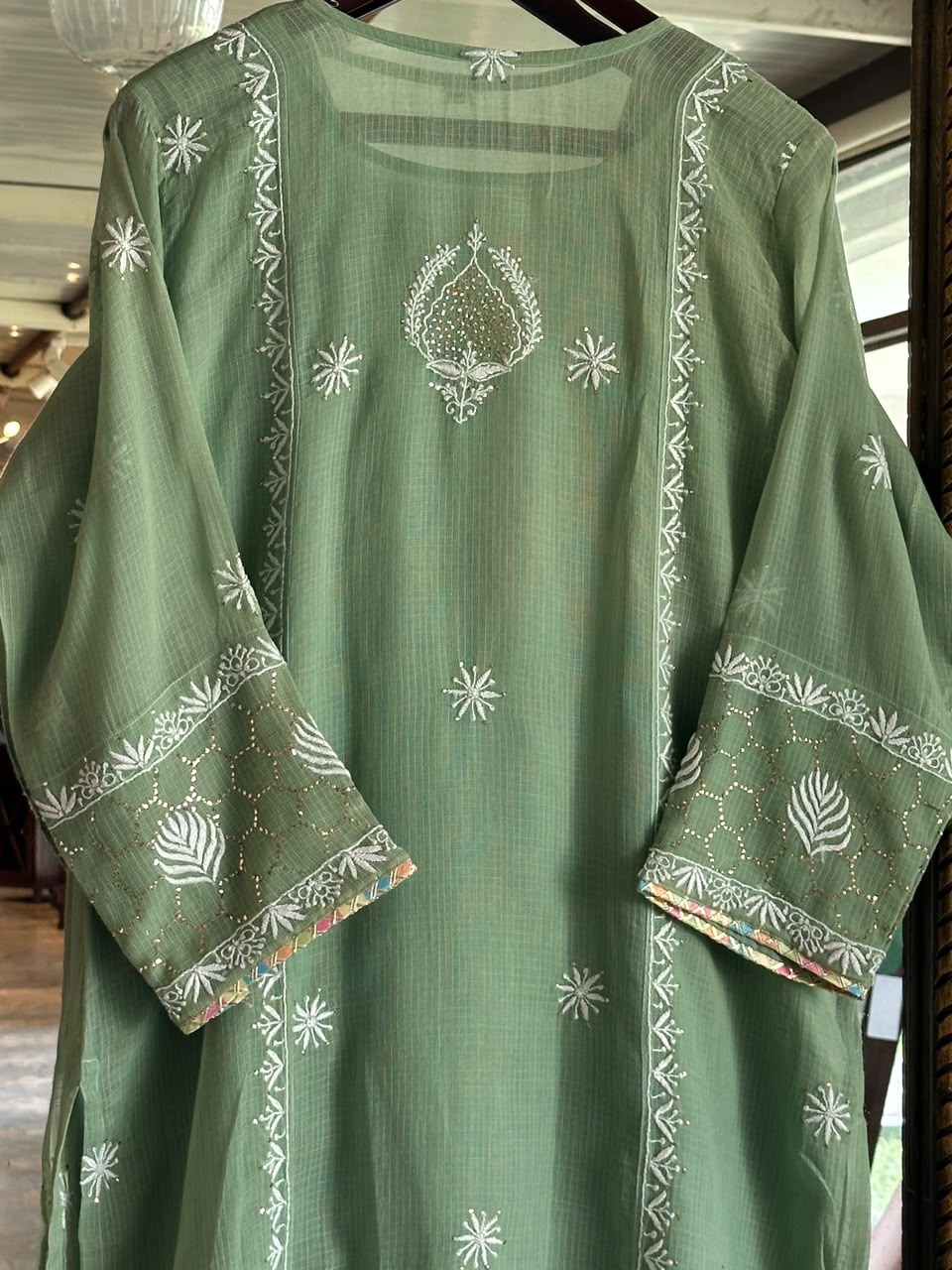 Green Shade Kota Applique Chikankari Kurta Dupatta Set
