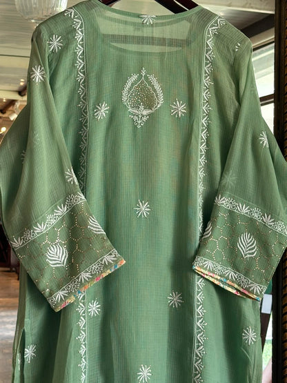 Green Shade Kota Applique Chikankari Kurta Dupatta Set