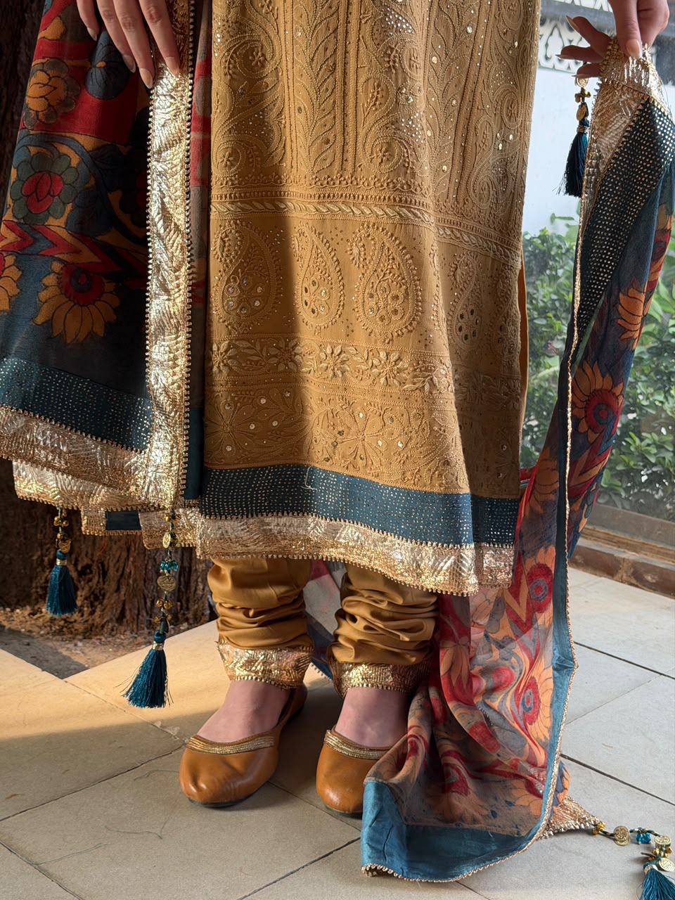 Turmeric Yellow Chikankari Pure Georgette Churidar Set with Kalamkari Dupatta