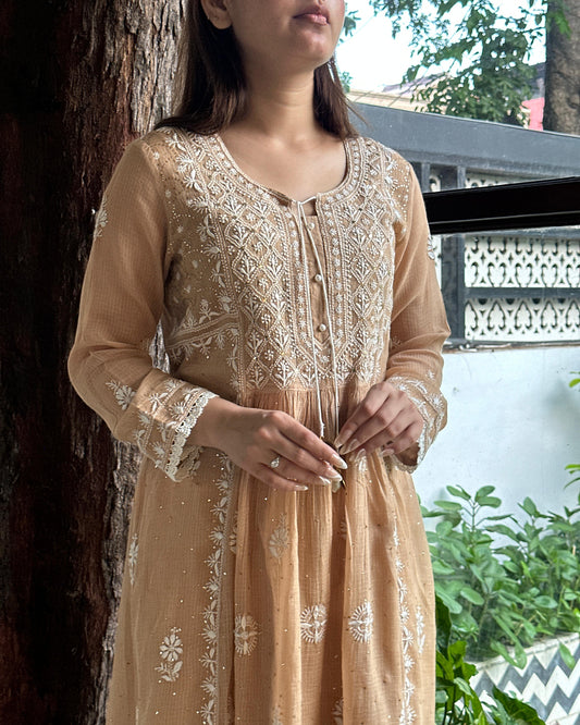 Beige Kota Chikankari with Mukaish Kamdani Tunics
