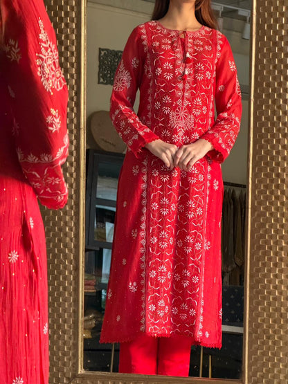 Red Mul Chanderi Mukaish Kamdani Chikankari Stitched Kurta Dupatta Set