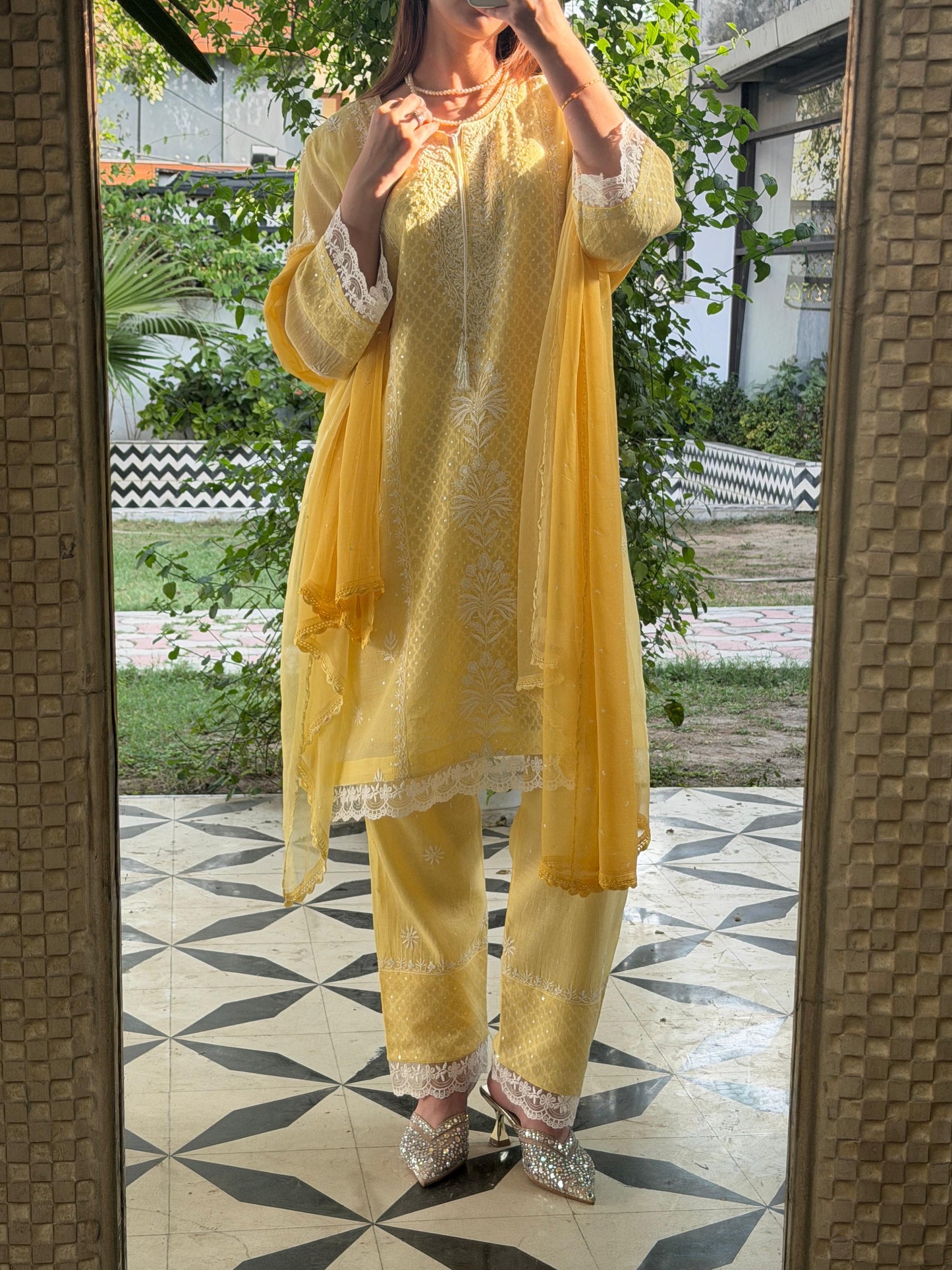 Yellow Shade Jacquard Loose Cut Chikankari Co-Ord Set