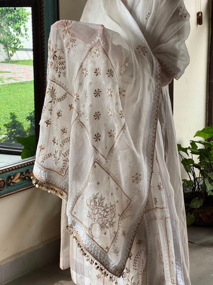 Ivory Kota Pattu Chikankari Suit Set with Organza Dupatta & Pearl Loop Buttons