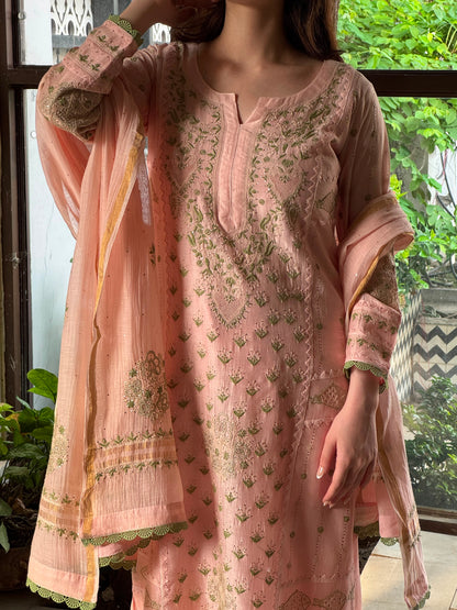 Applique Mahi Motif Soft Pink Mal Chanderi Chikankari Kurta Set