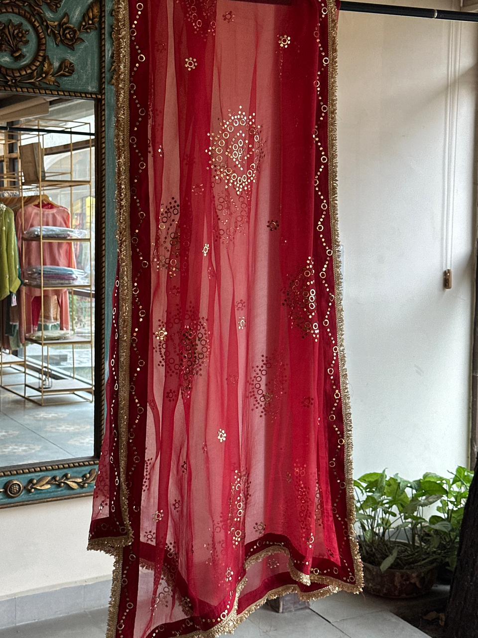 Red Moonga Silk Mukaish Badla Lehenga Set