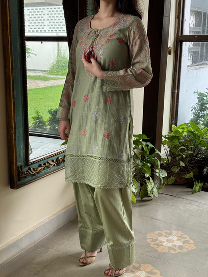 Green Shade Mul Chanderi Chikankari Farshi Sets