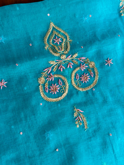 Peacock Blue Organza Banarasi Silk Chikankari Unstitched Kurta Dupatta Set
