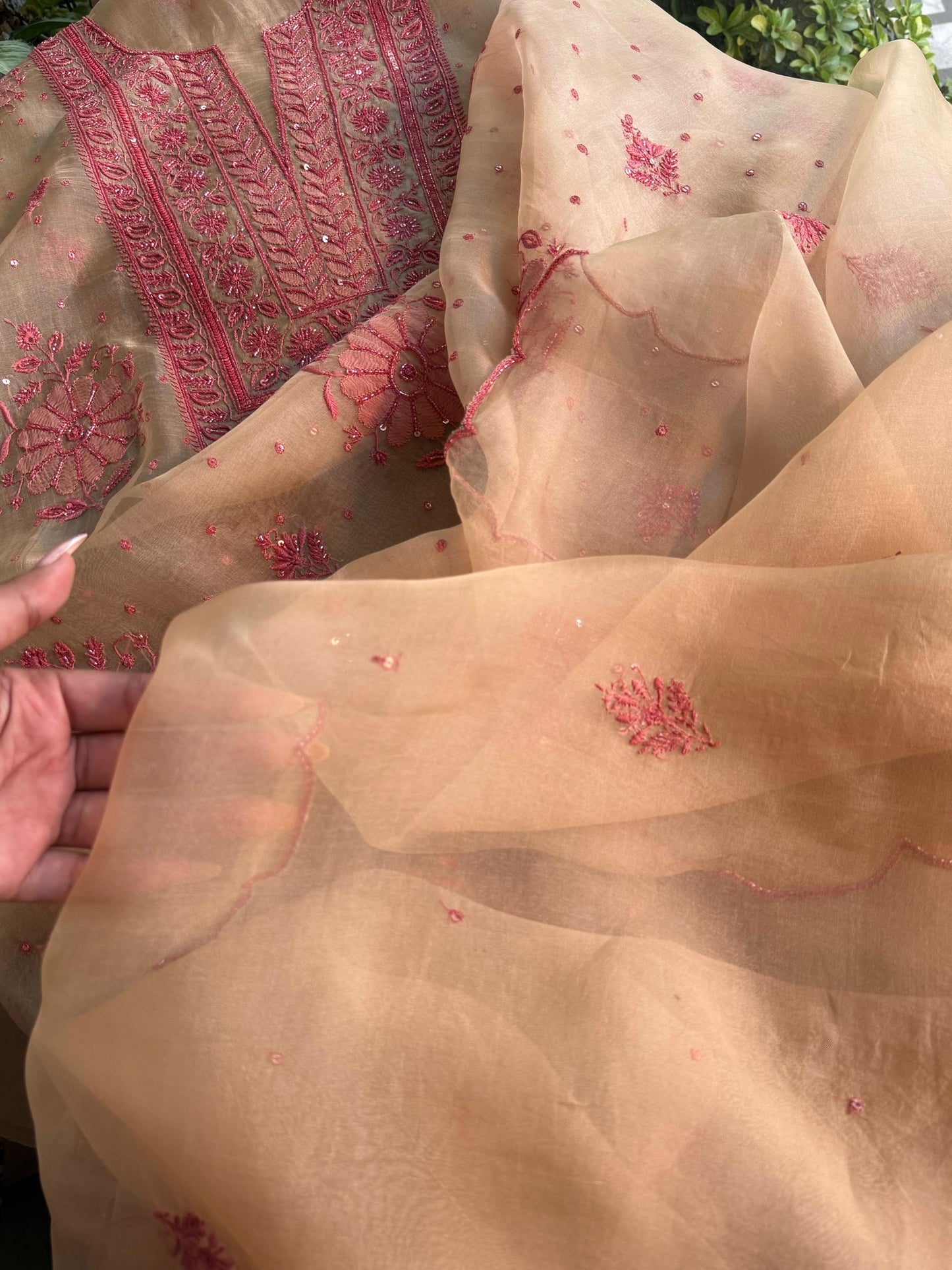 Beige Red Noor Organza Silk Chikankari Unstitched Kurta Dupatta Set