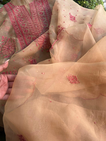 Beige Red Noor Organza Silk Chikankari Unstitched Kurta Dupatta Set
