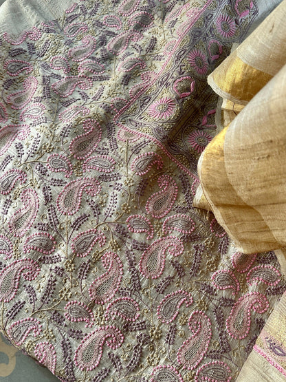 Natural Shade Tussar Silk Chikankari Fabric