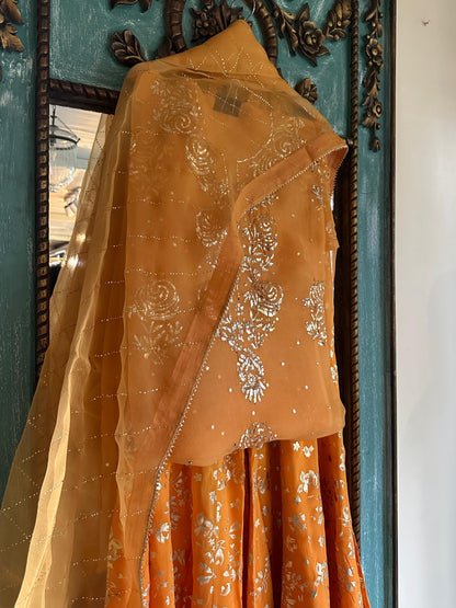 Saffron Shade Foil Print Organza Chikankari Sharara Set