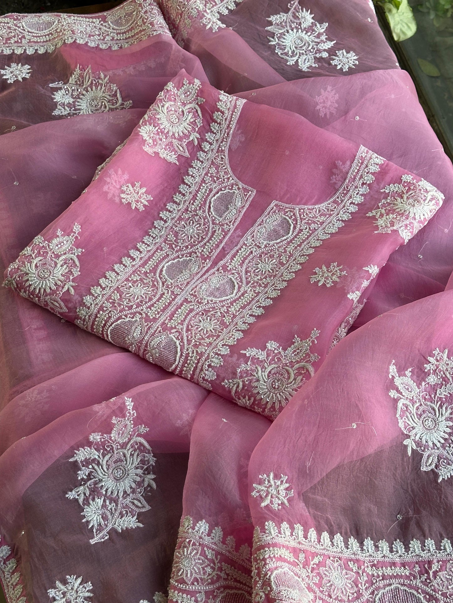 Pink Shade Noor Organza Silk Chikankari Unstitched Kurta Dupatta Set
